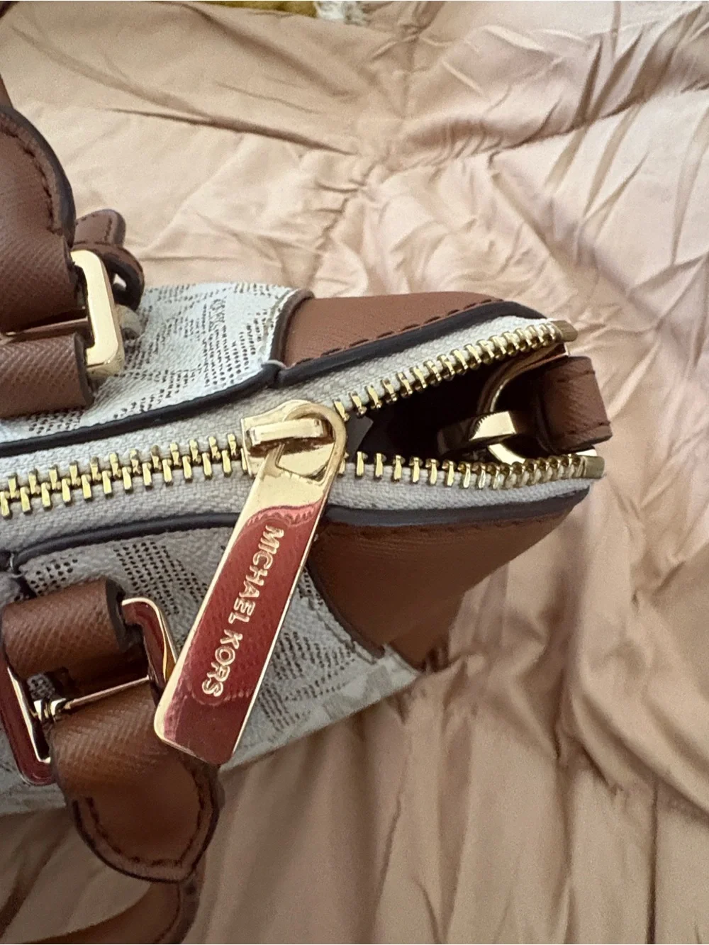 Michael Kors Vanilla & Brown Logo Satchel with Gold Hardware